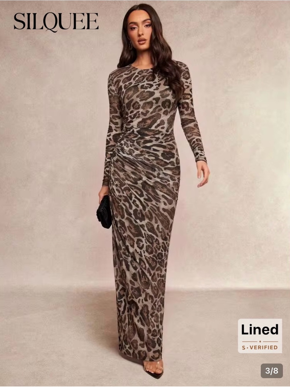 SHEIN Brown Leopard Print Long Sleeve Ruched Maxi Dress